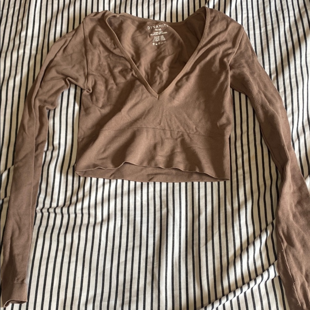 Dynamite Brown Long Sleeve Fitted Crop Blouse